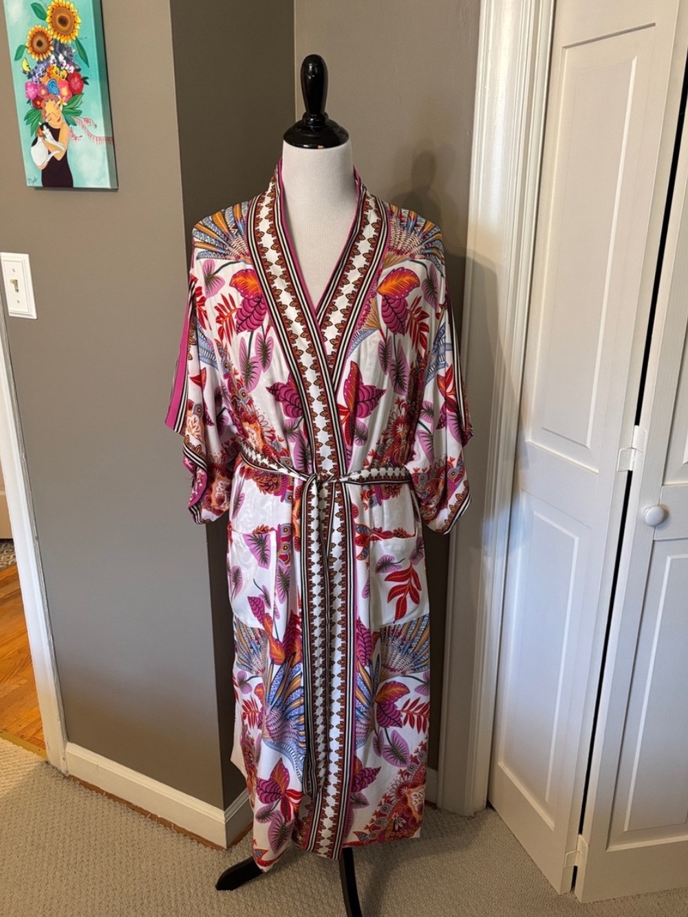 Printed Kimono Wrap Dress in White and Pink